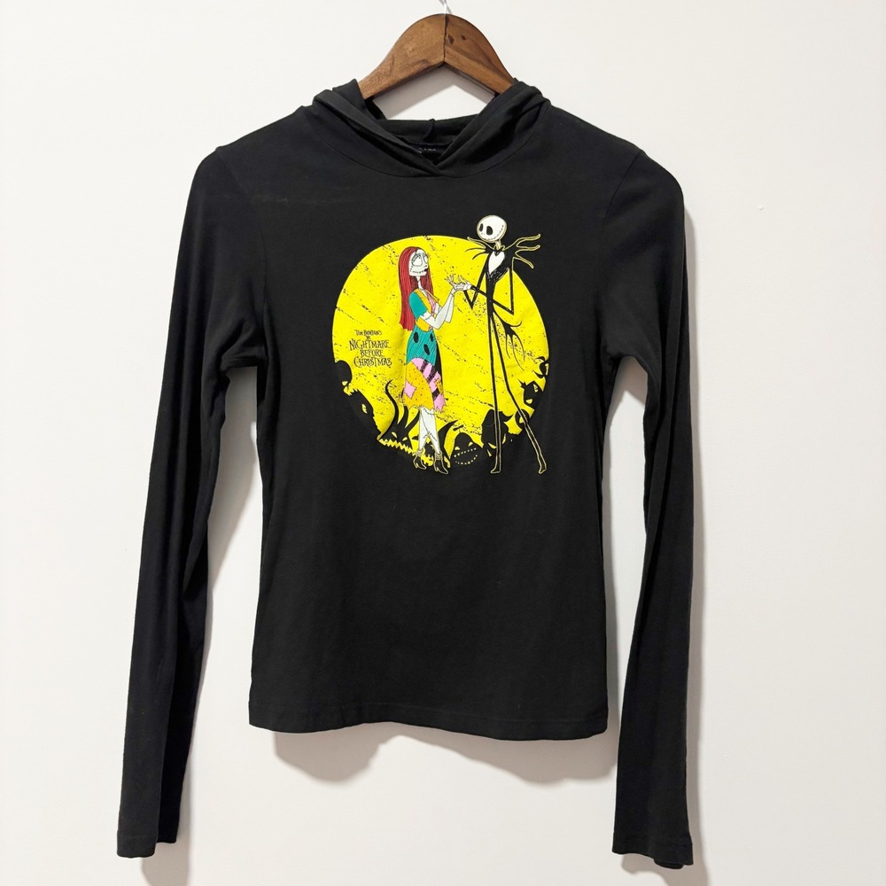Disney Nightmare Before Christmas Hooded Shirt Kids L Black Jack Sally Graphic